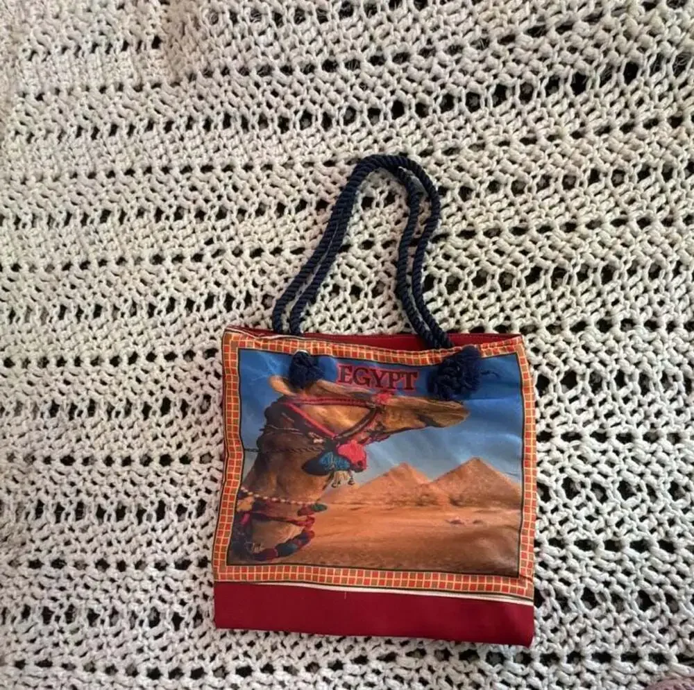Egypt Souvenir Camel and Pyramids Graphic Tote Bag with Rope Handles